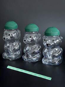 1/2/3/4/5/10Pcs Plastic Cute Bear Straw Cup – Teddy Bear Design Straw Tumbler With Lid, Reusable Travel Drinkware For Juice, Cold Drinks, Milk, Coffee (Not For Boiling Water) - Green - View 14