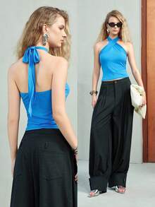 MOTF PREMIUM WOMEN'S FASHIONABLE COMMUTER HALTER NECK TANK TOP - Blue - View 6