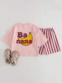 THE HAPPY LOOK Kids Young Girl Fruit Pattern Knitted Soft Crew Neck Short Sleeve Drop Shoulder Pullover Top & Striped Shorts 2pcs Set - Baby Pink - View 2
