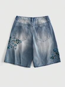 ROMWE MEN Men's World Cup Embroidered Pattern Loose Denim Shorts Brazil - Blue - View 3