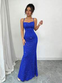Elenzga Đầm dự tiệc lấp lánh dây mảnh thiết kế băng đô cho nữ - Xanh đậm - Xem 7