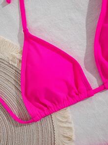 Swim Mod Women's Solid Color Halter Neck Bikini Set, Summer Vacation Beach - Hot Pink - View 5