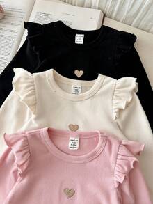 SHEIN 女嬰針織純色圓領荷葉邊下擺愛心圖案休閒上衣 3件套 - 彩色 - 查看 9