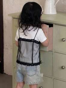Dazy Kids 女童秋季服飾 2合1蕾絲拼接圓領短袖T恤 - 黑與白 - 查看 2