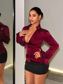 BamGleam Women's Backless Lace Trim Deep V-Neck Burgundy Satin Blouse - Burgundy - View 4