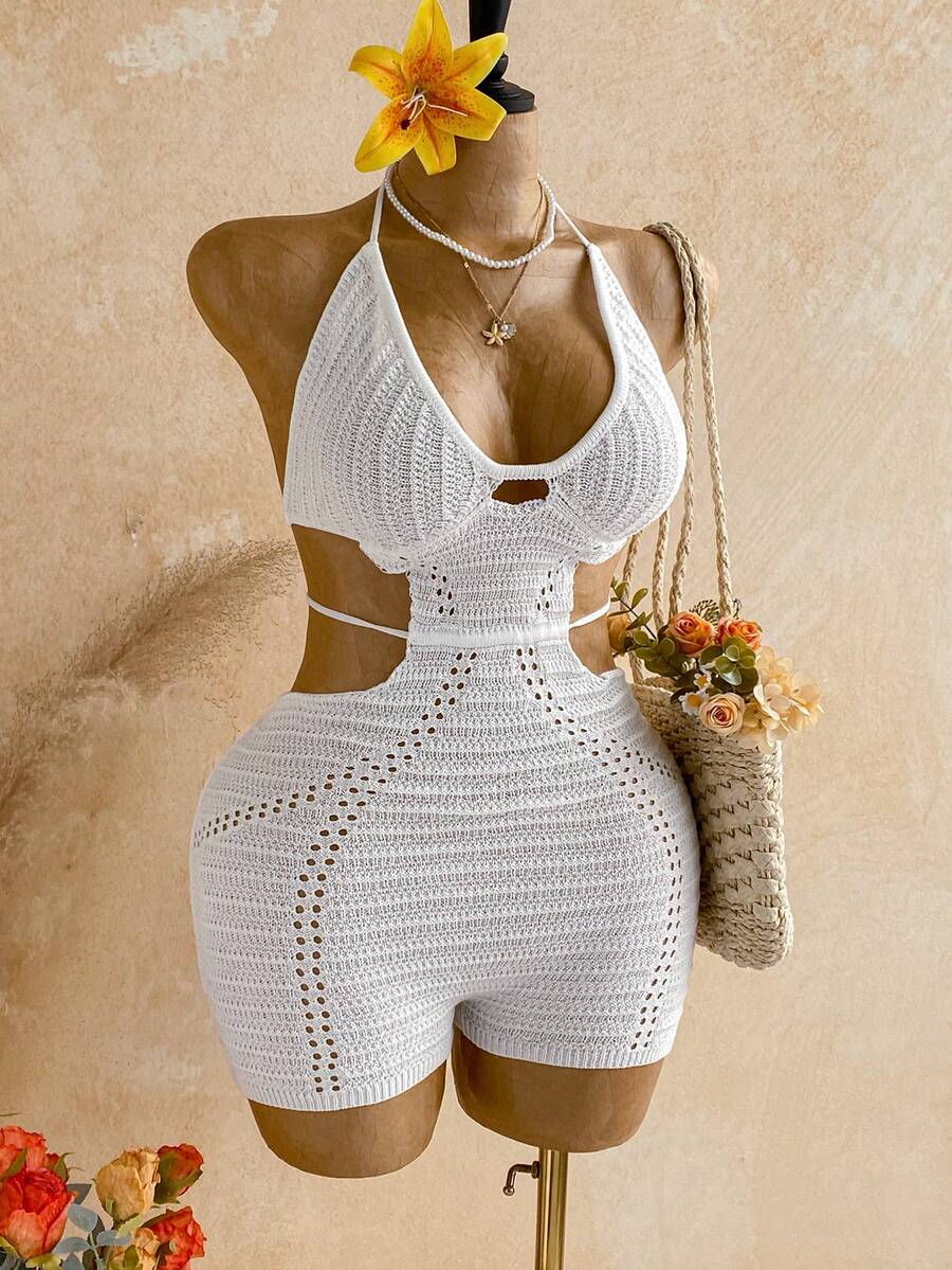 Soleia Plus Size Women's Sexy Leisure Cutout Design Halter Neck Knit Romper Party Vacation Beach White Summer - White - View 1