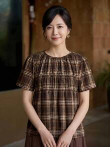 Yumoku 女款休閒夏季格紋短袖襯衫 - 彩色 - 查看 3