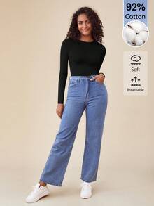 SHEIN BASICS 女款純色圓領長袖休閒T恤連身衣 - 黑色 - 查看 4