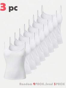 SHEIN Tween女孩純色極簡百搭細肩帶背心上衣，3件組日常穿著套裝 - 白色 - 查看 1