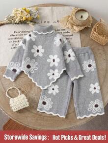 Baby Girl Floral Pattern High Neck Long Sleeve Sweater And Knitted Autumn Winter Pants Set - Grey - View 2