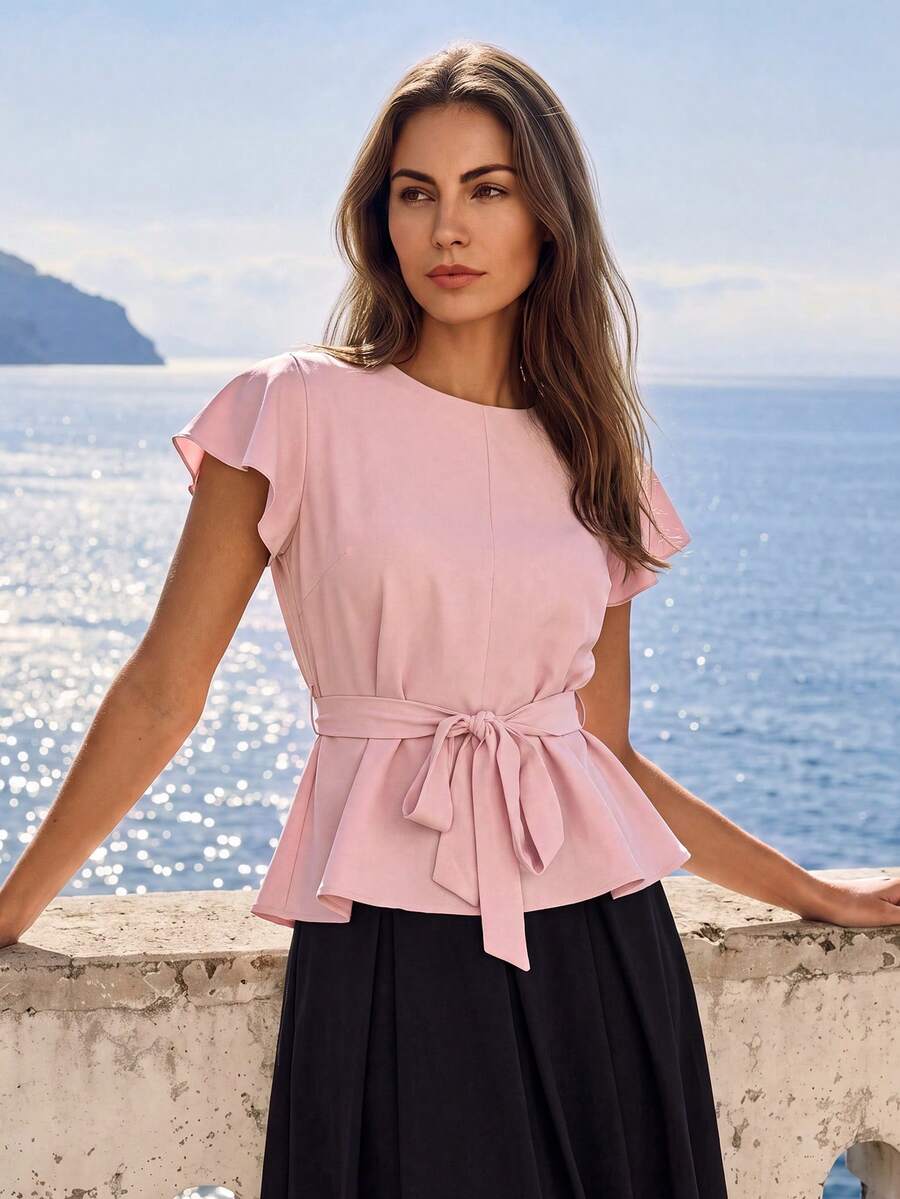 SHEIN Rosurelle Sweet Ruffled Sleeve Solid Color Belted Ladies' Blouse, Spring/Summer Resort Wear - Pink - View 1