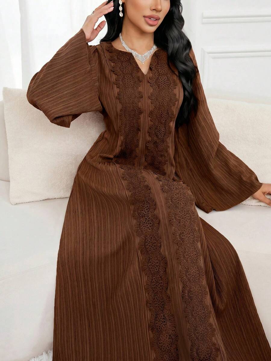 Al Najma 女款純色極簡端莊休閒保守優雅日常長袖阿拉伯式洋裝 正式多彩冬季洗禮賓客禮服 - 咖啡棕 - 查看 1