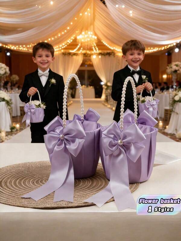 1PC Bow Pearl Wedding Flower Basket - Purple Bow Flower Basket, Satin Flower Basket, Suitable For Wedding Party Decoration, New Year Gift