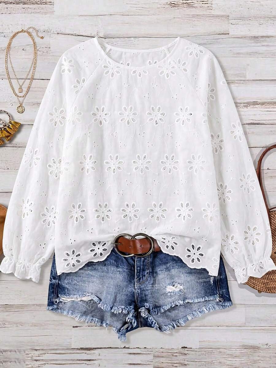 Linhara Plus-Size Women's Simple Cutout Embroidered Plain Top Fall - White - View 1