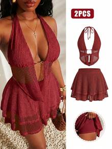 SHEIN SXY Plus Size Draped Neck Backless Top And Skirt 2 Pieces Set, Red Beach Vacation Summer Sexy - Burgundy - View 11