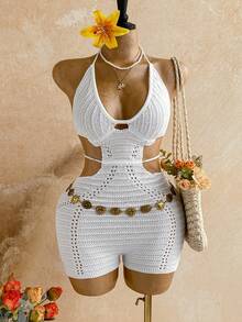 Soleia Plus Size Women's Sexy Leisure Cutout Design Halter Neck Knit Romper Party Vacation Beach White Summer - White - View 4