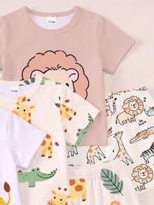 2 conjuntos aleatorios de 4 conjuntos de camiseta y pantalones cortos. Camiseta de cuello redondo con estampado de animales lindos, estampado de rayas, estampado de números, combinada con pantalones cortos con el mismo estampado - Multicolor - Ver 3