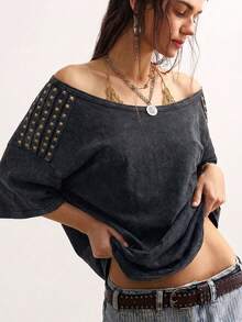 Bohemela Summer/Fall, Casual Black Knit Loose Washed Women's Tee With Studded Detail, Daily Wear, Concert Party & Going Out, Back To School - Black - View 9