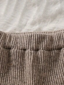 SHEIN 2pcs/Set Girls Korean Style Soft 3D Mesh Bow Ribbed High Neck Long Sleeve Asymmetrical Top & Ruffle Flared Pants Set, Suitable For Outings, Gatherings, Casual Wear, Spring And Autumn - Khaki - View 6