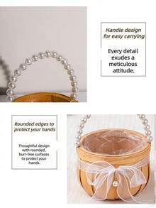 1PC Woven Round Wedding Flower Girl Basket - Pearl Handle Bow Decoration For Petals Throwing Bridal Accessory - bow - View 3