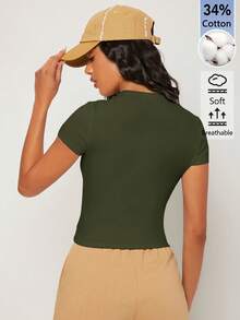 SHEIN BASICS 女款純色休閒圓領短袖短版T恤上衣 白色上衣 - 軍綠色 - 查看 4