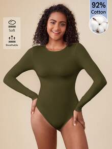 SHEIN BASICS 女款純色圓領休閒日常長袖連身衣 - 軍綠色 - 查看 3