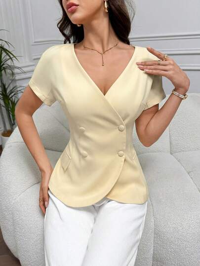 Modelyn Women's Summer Elegant Solid Color Double-Breasted Shirt