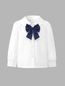 Elladie kids Back To School Girls' British Academy Style 2-Piece Dress Set, 4-7 Years Old Children's School Uniform, Peter Pan Collar Long Sleeve Shirt With Elegant Bow Decor, Embroidered Pocket Flap Academy Style Buttons, Paired With Pleated Hem Square Neck Pinafore Dress - Navy Blue - View 6