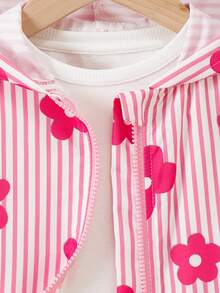 SHEIN Elladie kids 女童條紋花卉印花連帽休閒日常長袖外套 - 粉色 - 查看 8