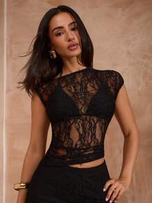 Opulessa Women's 2pcs Solid Color Knitted Lace Fitted Top & Long Pants Set For Vacation - Black - View 5