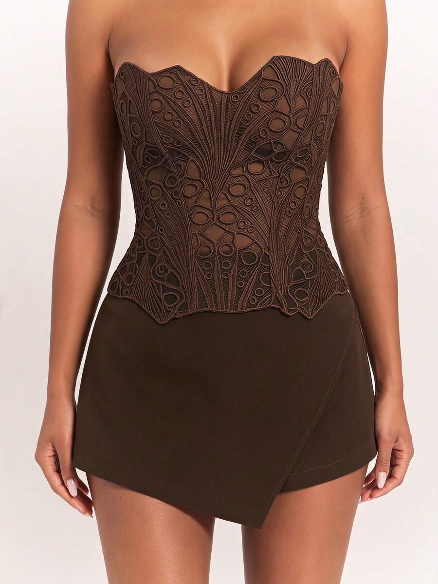 Radiana Vintage Chic Dark Brown Solid Color High Waist Shorts, Mini Skirt Shorts, Business Bottoms, Versatile, Casual Outings, Commuting, Office Going Out - Coffee Brown - View 1