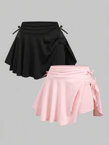 SHEIN 青少年女孩黑色與粉色2件套休閒極簡風抓皺腰A字裙搭配內搭褲，演唱會穿搭 - 彩色 - 查看 7