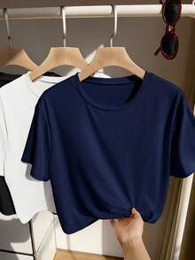 Comfortcana 3 piezas Camisetas básicas de cuello redondo de manga corta de colores para tallas grandes - Multicolor - Ver 3