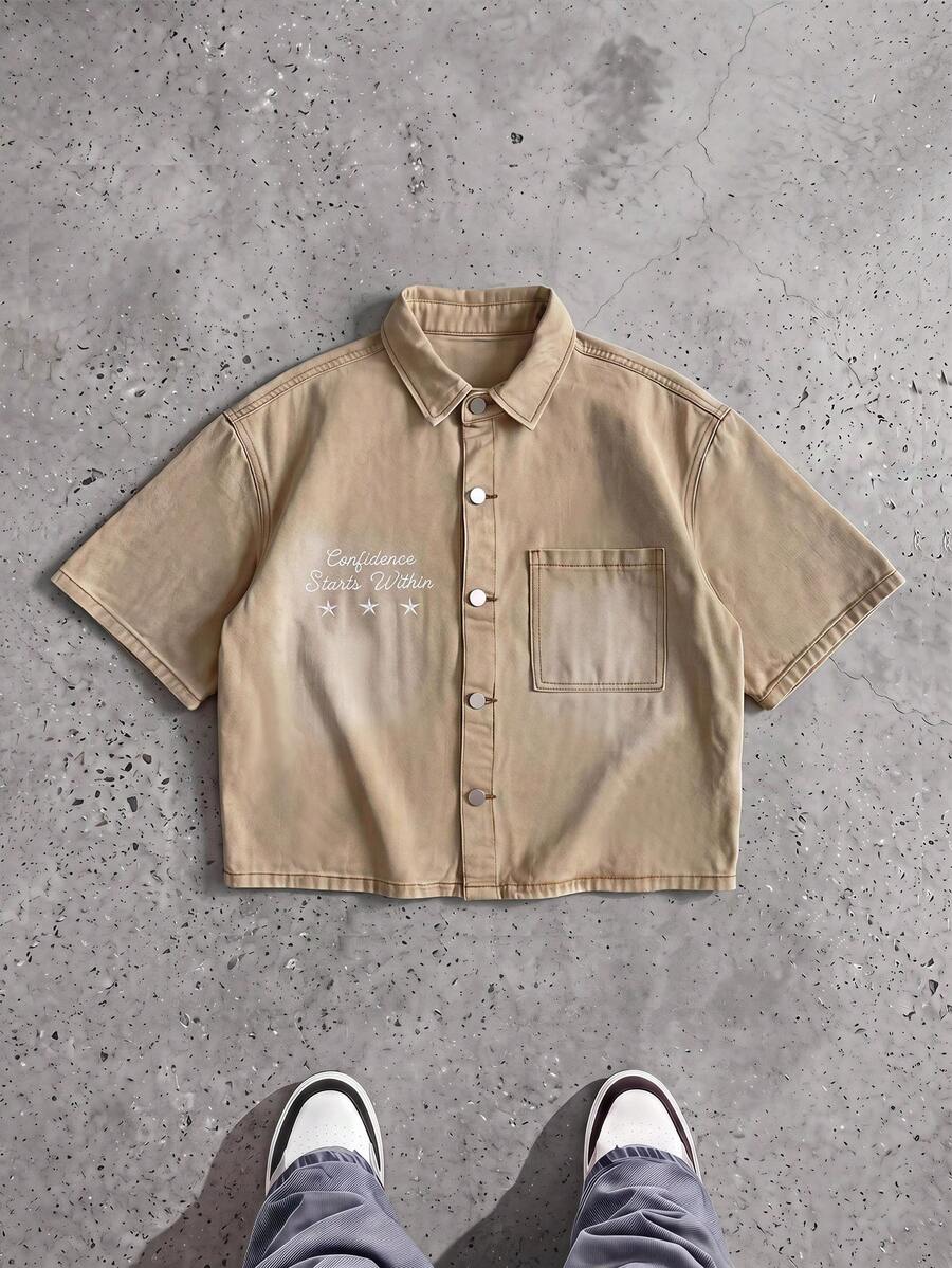 SWAVVY Men's Letter & Star Pattern Short Sleeve Single-Breasted Khaki Denim Shirt - Khaki - View 1