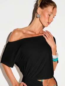 KIZN One Shoulder Mini Dress With Circular Cutout Detail, Draped T-Shirt Style, Asymmetric Hem, Party Night Out - Black - View 6