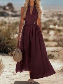 Balvessa Solid Color Sleeveless Long Dress For Vacation And Leisure - Burgundy - View 6