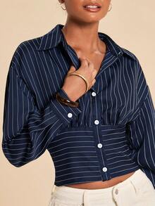 SHEIN x Rafa Kalimann Travachic Kemeja Wanita Bergaris Lipit Kasual Serbaguna untuk Pemakaian Sehari-hari - Navy Blue - View 1