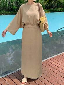 Livesso Women's Solid Color Boat Neck Batwing Sleeve Blouse And Skirt Casual Minimalist Elegant 2-Piece Set Teachers' Day Brunch Tea Party Khaki Green Autumn - Khaki - View 5