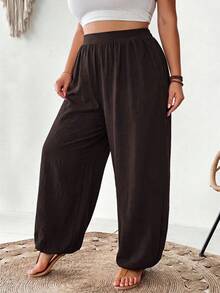 SHEIN CURVE+ Plus Size Minimalist Soft Form Elegant Casual Solid Color Loose Fit Textured Pants With Pockets Autumn Dates Office Brunch Formal Vacation Brown - Brown - View 4