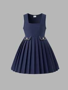 Elladie kids Back To School Girls' British Academy Style 2-Piece Dress Set, 4-7 Years Old Children's School Uniform, Peter Pan Collar Long Sleeve Shirt With Elegant Bow Decor, Embroidered Pocket Flap Academy Style Buttons, Paired With Pleated Hem Square Neck Pinafore Dress - Navy Blue - View 8