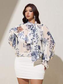 Viva Relle Plus Size Elegant Commuter Brunch Office Floral Print Tie Neck Blouse Autumn White - Blue and White - View 5