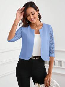 SHEIN Clasi 女款蕾絲拼接休閒百搭日常通勤夾克 - 淺藍色 - 查看 7