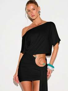 KIZN One Shoulder Mini Dress With Circular Cutout Detail, Draped T-Shirt Style, Asymmetric Hem, Party Night Out - Black - View 4