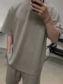 DAZY 男士休闲简约夏季纯色 T 恤和短裤 2 件套，舒适服装 - 灰色 - 查看 2