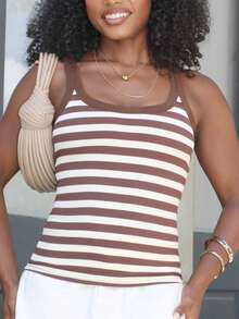 Steph T Round Neck Striped Print Casual Knit Tank Top For Summer Brown - Brown - View 3