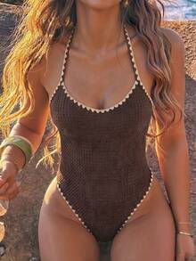 Swim Vcay Women's One-Piece Swimsuit, Deep Brown Textured Beige Crochet Trim Halter Tie Back High Cut Backless Vintage Style For Beach Resort, Spring Easter - Brown - View 1