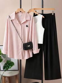 SHEIN Teen Girls Fall Outfits 2pcs/Set Spring/Autumn New Korean Style Niche Minimalist Versatile Everyday Jacket Set Back To School Formal Pink White Black - Pink - View 2