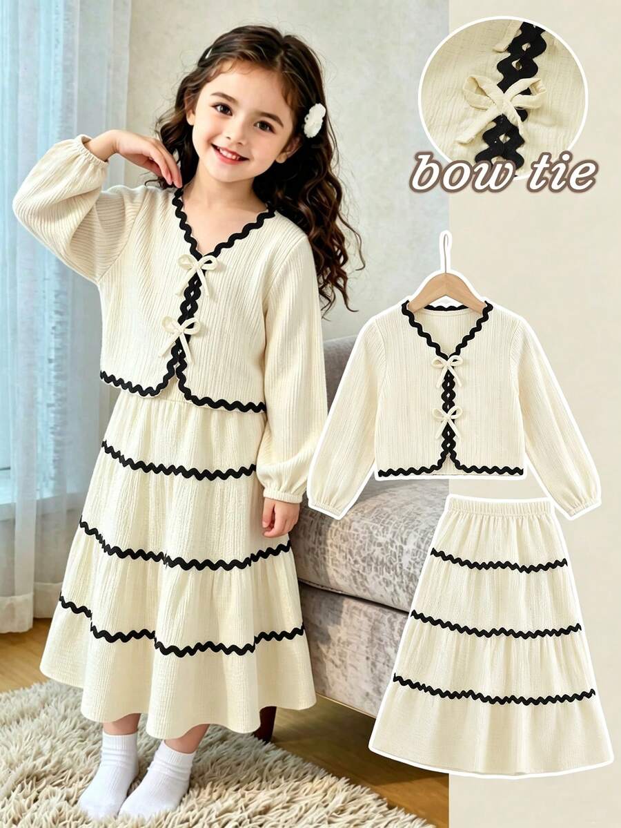 Elladie kids 2pcs Elegant French Lantern Sleeve Ruffle Butterfly Blouse Skirt Set, Fashionable Versatile For Spring Summer Autumn Winter, Vacation Party Birthday