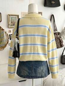 Lalippa Sweater Rajut Bergaris Blok Warna untuk Wanita - MultiWarna - View 2