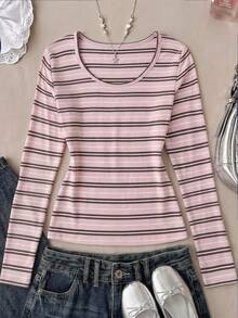 SHEIN 青少年女孩條紋長袖修身休閒T恤 - 粉色 - 查看 1